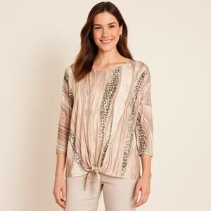 Chico’s 3 XL Animal Print Tie Front Blouse Neutral Striped Tunic Top